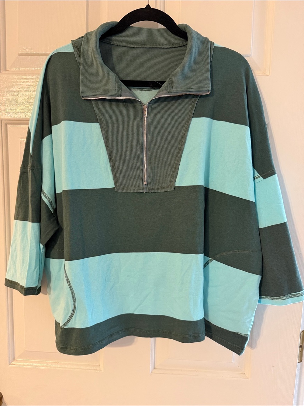 Boxy Quarter-Zip Stripe Jersey in Teal and Mint